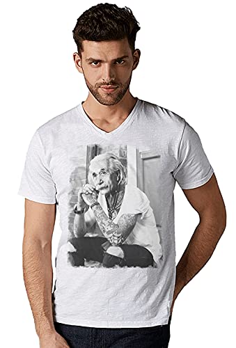 street style Einstein Tattoo Color & Grey 18-84 T-Shirt V Urban Men 100% Baumwolle geflammt, Weiß/Grau, Medium von street style