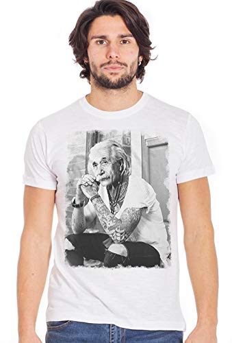 street style Genius Einstein Tätowiert Color & Grey 18-84 T-Shirt Urban Men Herren 100% Baumwolle geflammt, Weiß/Grau, Small von street style