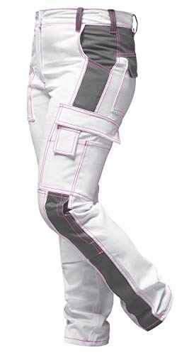 strongAnt Damen Arbeitshose komplett Stretch Weiß Pink für Frauen Malerhose mit Kniepolstertaschen - Weiß-Grau/Pinke Naht. Größe: 84 von strongAnt