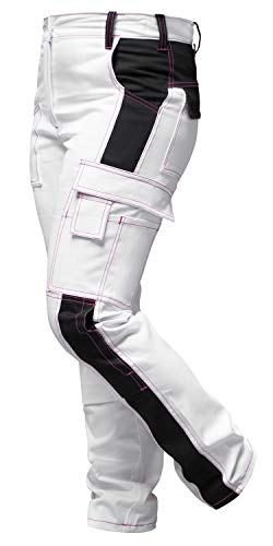 Damen Arbeitshose komplett Stretch Weiß Pink für Frauen Malerhose mit Kniepolstertaschen - Weiß-Schwarz/Pinke Naht. Größe: 88 von strongAnt