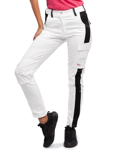 Damen Arbeitshose komplett Stretch Weiß Pink für Frauen Malerhose mit Kniepolstertaschen - Weiß-Schwarz. Größe: 52 von strongAnt