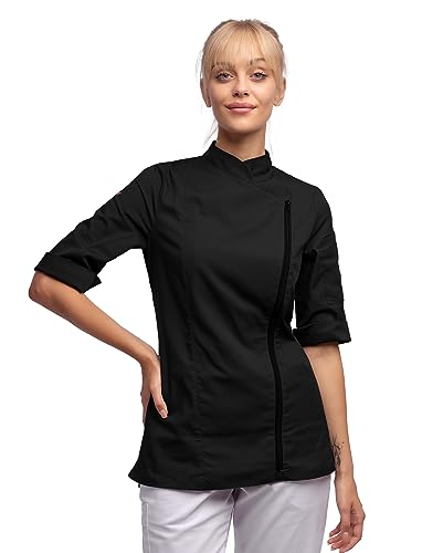 strongAnt Damen Kochjacke 3/4 Kurzarm mit Reißverschluss Stretch Professionelle Kochuniform - Schwarz, Größe: 3XL von strongAnt