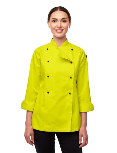 strongAnt Damen Kochjacke Langarm inkl. Kugelknöpfe aus easyClean Baumwolle. Kochuniform, Bäckerjacke - Fluoreszierend Gelb Gr.M von strongAnt