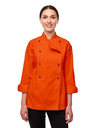 strongAnt Damen Kochjacke Langarm inkl. Kugelknöpfe aus easyClean Baumwolle. Kochuniform, Bäckerjacke - Fluoreszierend Orange Gr.XL von strongAnt