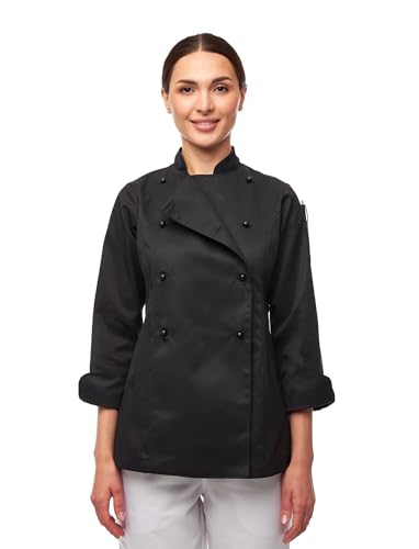 strongAnt Damen Kochjacke Langarm inkl. Kugelknöpfe aus easyClean Baumwolle. Kochuniform, Bäckerjacke - Schwarz Gr.2XL von strongAnt