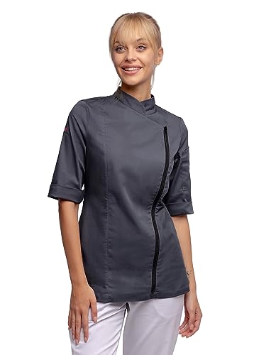 strongAnt Damen Kochjacke 3/4 Kurzarm mit Reißverschluss Stretch Professionelle Kochuniform - Grau, Größe: L von strongAnt