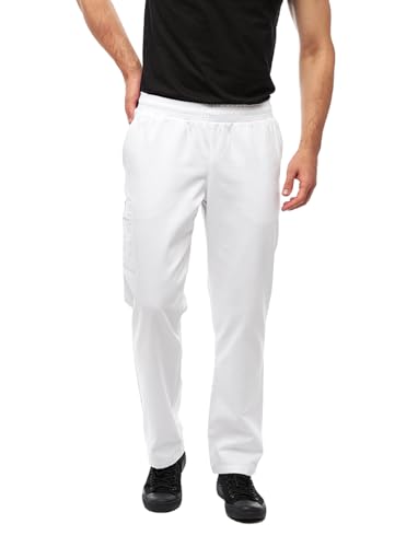 strongAnt Herren Schlupfhose Cargo Kochhose Bäckerhose Pflegerhose Stoffhose mit Gummibund Arzthose aus Baumwolle - Weiß, XXL von strongAnt