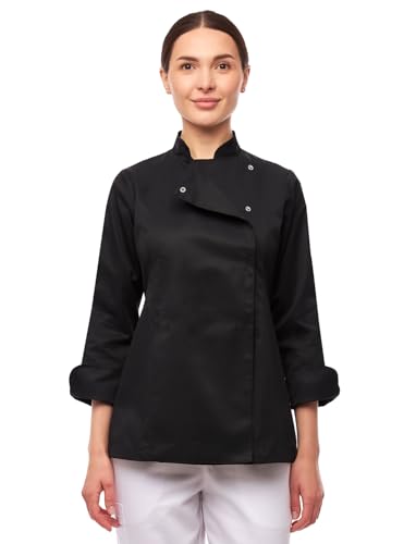 strongAnt Kochjacke Damen Langarm mit Druckknöpfen easyMove und dryMesh Langarm Slim Fit Chef Uniform Jacket moderne Bäckerjacke - Schwarz, XS von strongAnt