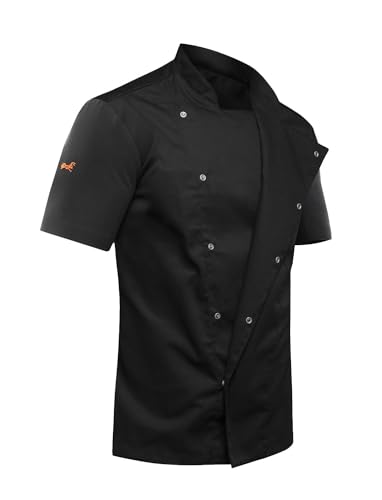 strongAnt Kochjacke Herren Kurzarm mit Druckknöpfen, Slim Fit, Stretch BW, Sommer Chef Uniform Jacket, Bäckerjacke - Modal - Schwarz, Größe: L von strongAnt