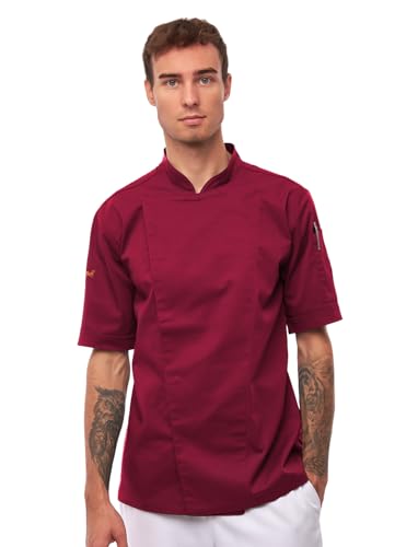 strongAnt Kochjacke Herren Kurzarm mit Druckknöpfen easyMove und dryMesh Kurzarm Slim Fit Chef Uniform Jacket moderne Bäckerjacke - Bordo, M von strongAnt