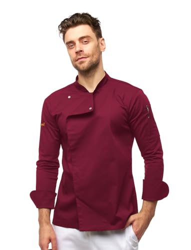 strongAnt Kochjacke Herren Langarm mit Druckknöpfen easyMove und dryMesh Langarm Slim Fit Chef Uniform Jacket moderne Bäckerjacke - Bordo, M von strongAnt