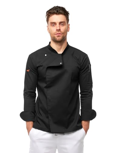 strongAnt Kochjacke Herren Langarm mit Druckknöpfen easyMove und dryMesh Langarm Slim Fit Chef Uniform Jacket moderne Bäckerjacke - Schwarz, L von strongAnt