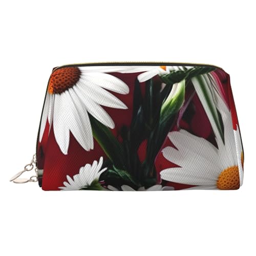 Kosmetiktasche aus Leder mit roten Blumen und weißen Gänseblümchen, für Damen, Reise-Kulturbeutel für Toilettenartikel, Kosmetiktasche von sttung