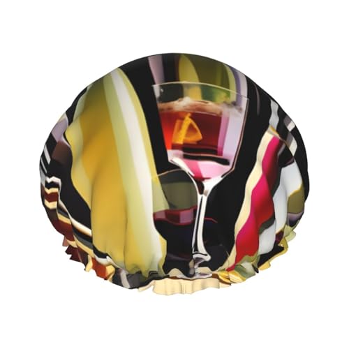 sttung Cocktailgläser und Weinflaschen Druck Doppellagige Duschhaube Stilvolle Elastischer Rand Duschhaube für Damen Herren von sttung