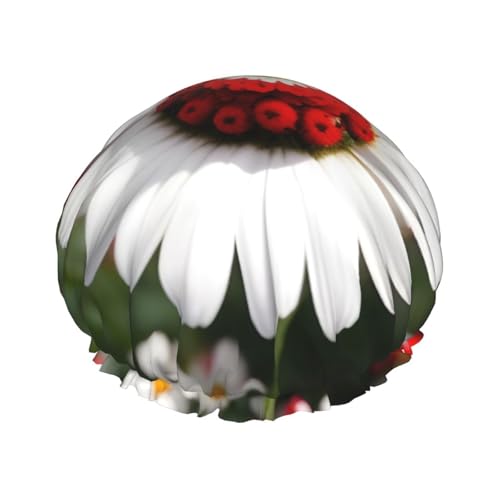 sttung Doppellagige Duschhaube mit Blumenmuster und weißem Gänseblümchen-Druck, stilvolle Duschhaube mit elastischem Rand, Duschhaube für Damen und Herren von sttung