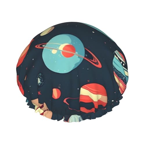 sttung Doppelschichtige Duschhaube mit Weltraumplanetendruck, stilvolle Duschhaube mit elastischem Rand, Duschhaube für Damen und Herren von sttung