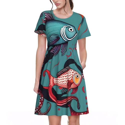 sttung Fisch- und Oktopusdruck Damen Loose Swing Kurzarm T-Shirt Kleid mit Taschen Freizeitkleid, Schwarz , 3XL von sttung
