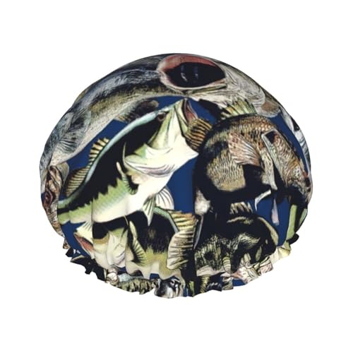 sttung Fischgrafikdruck Doppellagige Duschhaube Stilvoll Elastischer Rand Duschhaube für Damen Herren von sttung