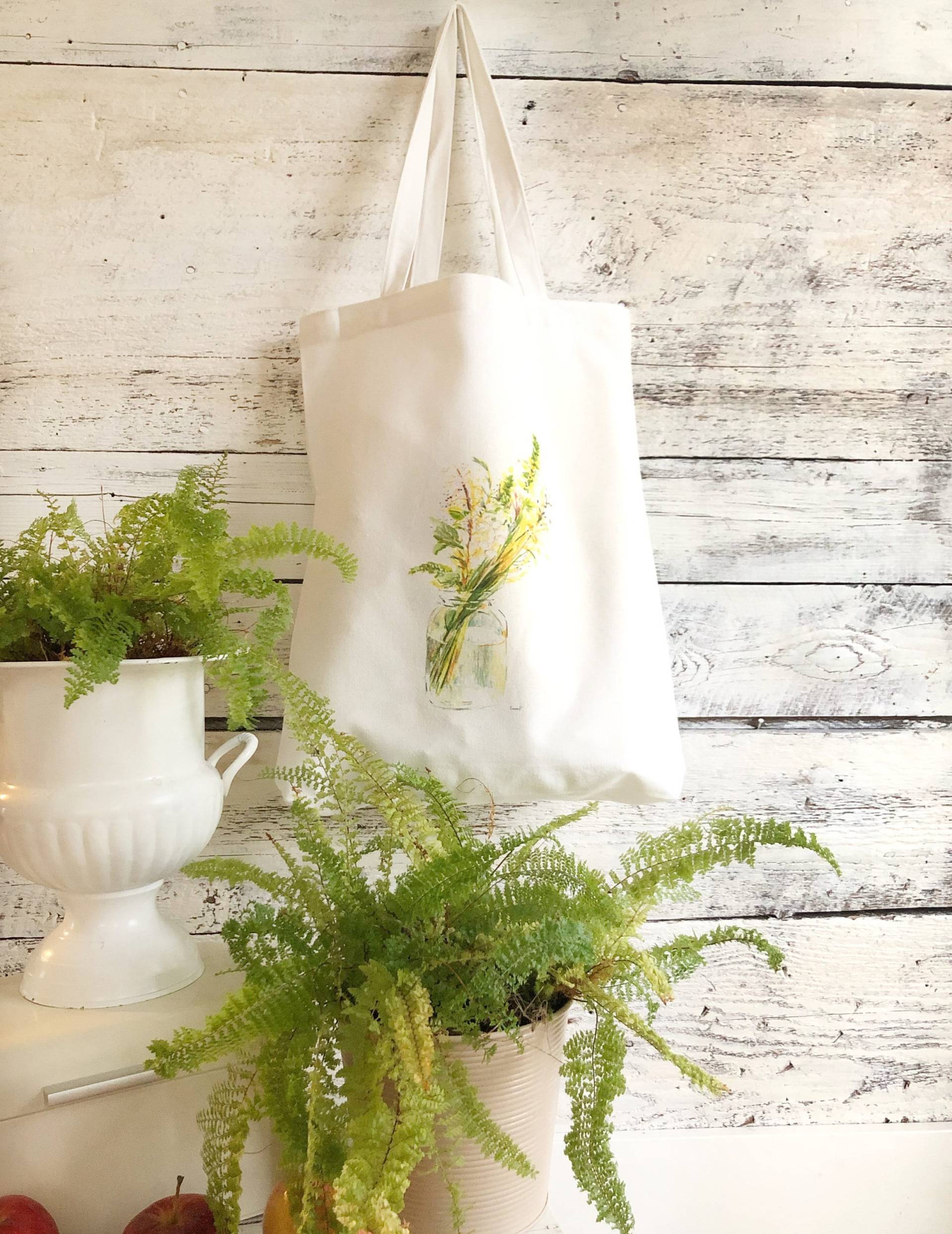 Umweltfreundliche 100% Baumwolle Canvas Markttasche Mit Wildblumen in Mason Jar Art Von Emma Pyle, Geburtstagsgeschenk Für Sie, Nachhaltiges Geschenk von studioontenth