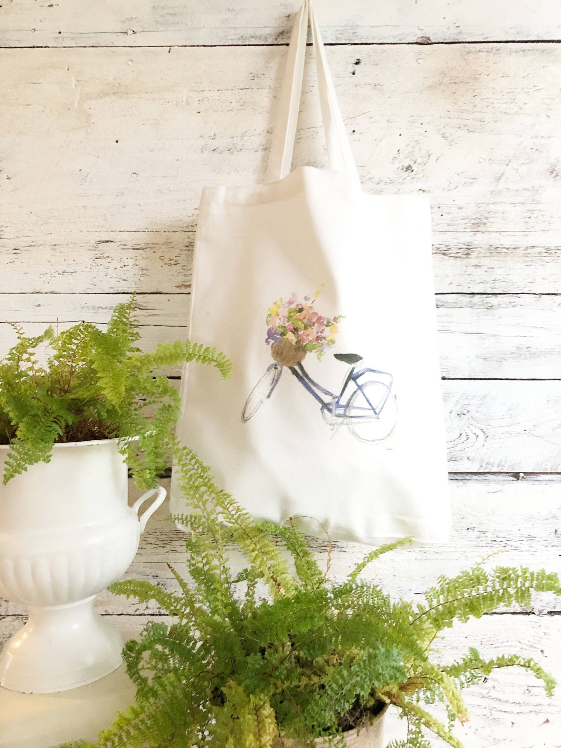 Wiederverwendbare Markttasche Mit Vintage Fahrrad Kunst Und Korb Der Blumenkunst Von Emma Pyle Art von studioontenth
