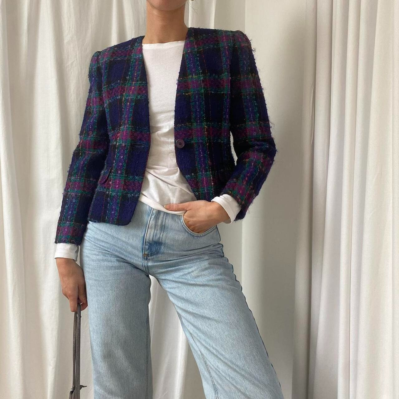 Vintage 80Er/90Er Jahre Blau Und Rosa Boucle Wolle Mohair Mischung Tartan Karo Lady Trophy Jacke Blazer Petite Uk Size 8 von studiotwosix