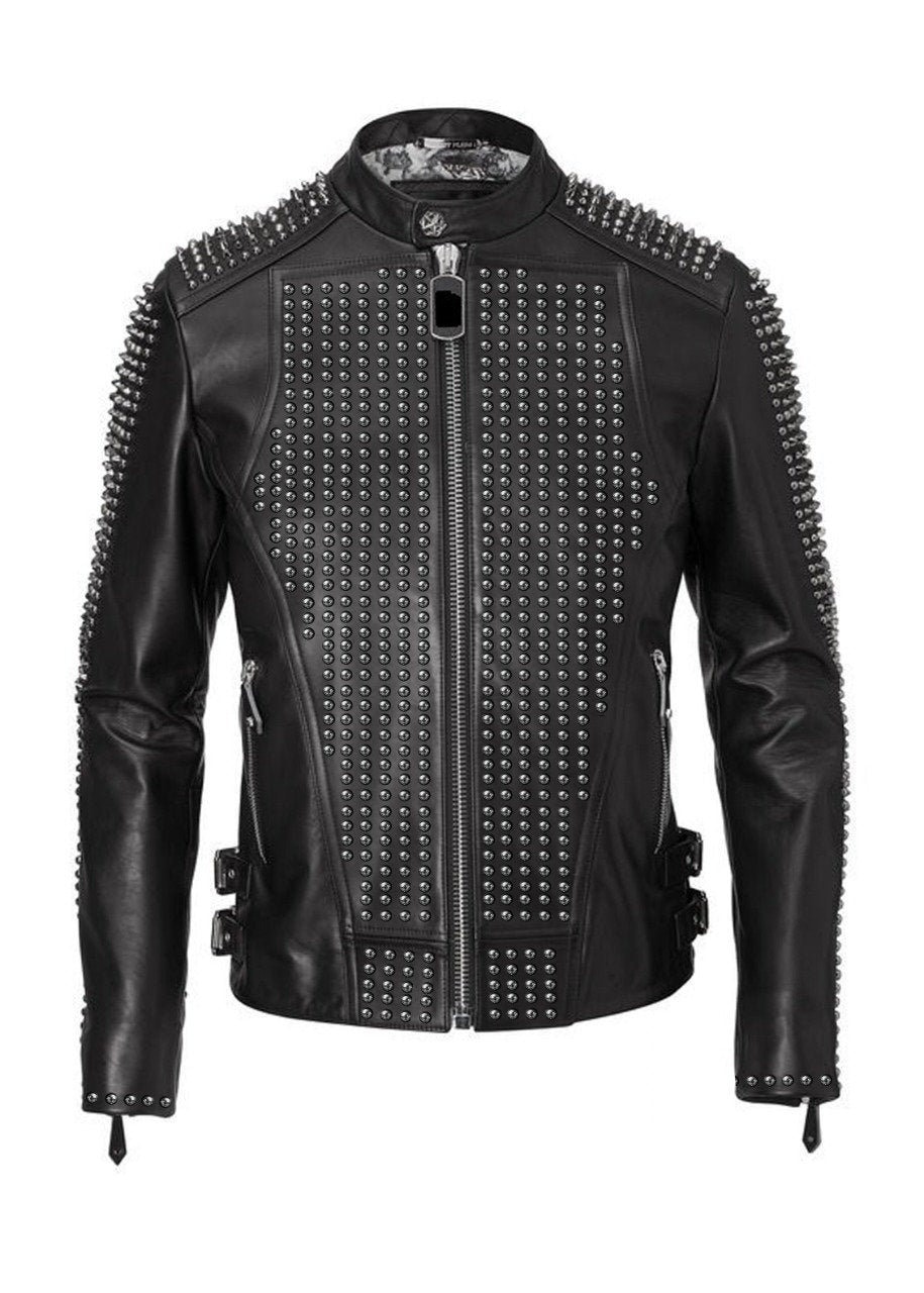 Bomber Black Color Gothic Jacke, Herren Silber Ohrstecker Personalisierte Handgemachte Motorrad Punk Fashion Jacke von studwork