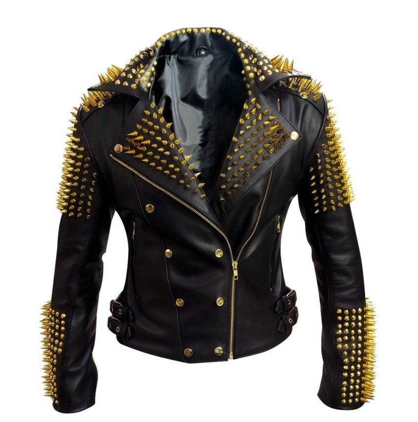 Handgemachte Bomber Lederjacke, Damen Modejacke, Heavy Metal Ohrstecker Jacke, Personalisierte Goldene Nietenjacke, Spiked Fashion von studwork