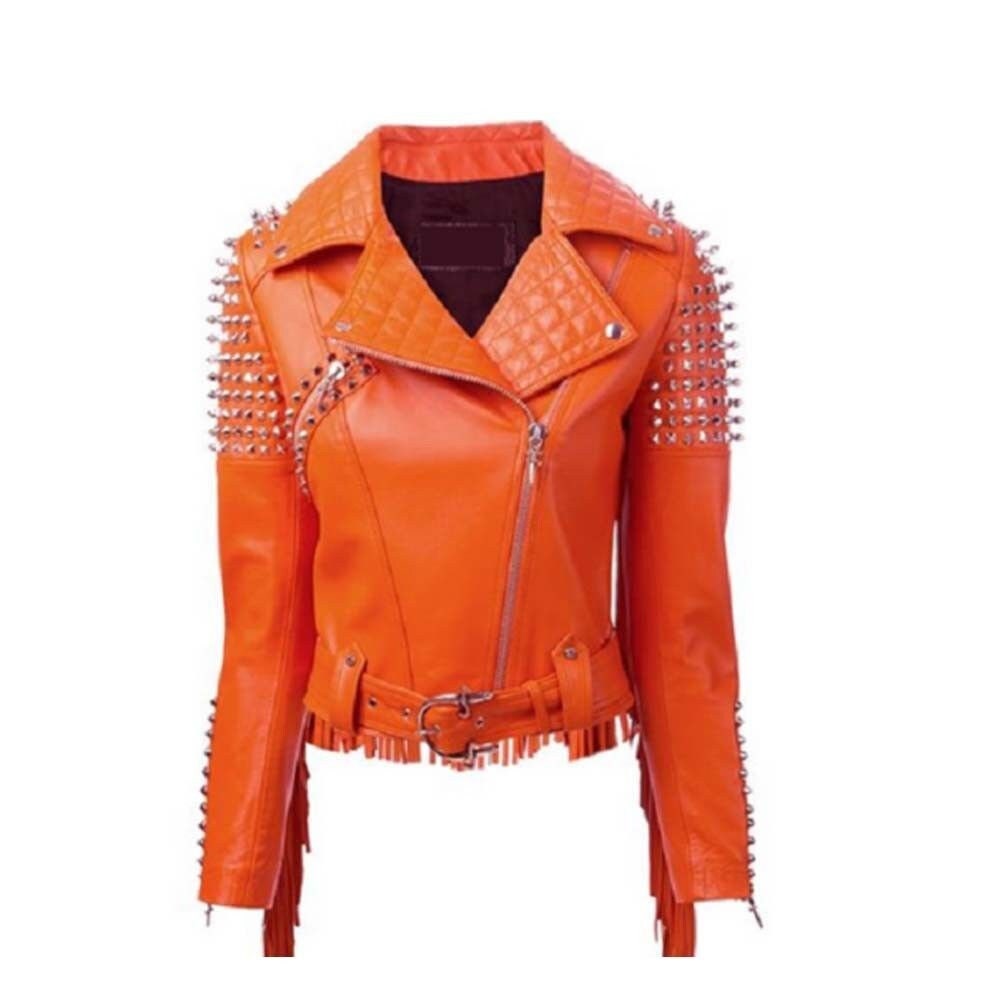 Individualisier Silber Ohrstecker Jacke, Damen Personalisierte Motorradjacke, Taillengürtel Fransenjacke, Gesteppte Spike Modejacke von studwork