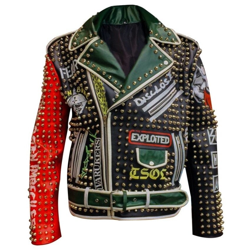 Mehrfarbige Motorradjacke, Individualisier Brando Gothic Jacke, Golden Conical Stud Herren Personalisierte Steampunk Patches Fashion Jacket von studwork