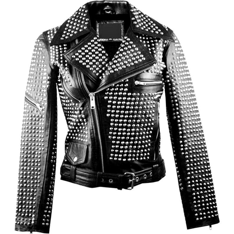 Motorrad Rund Ohrstecker Jacke, Echtleder Gürteljacke, Frauen Reverskragen Punk Handgemachte Silber Gothic Biker Jacke von studwork