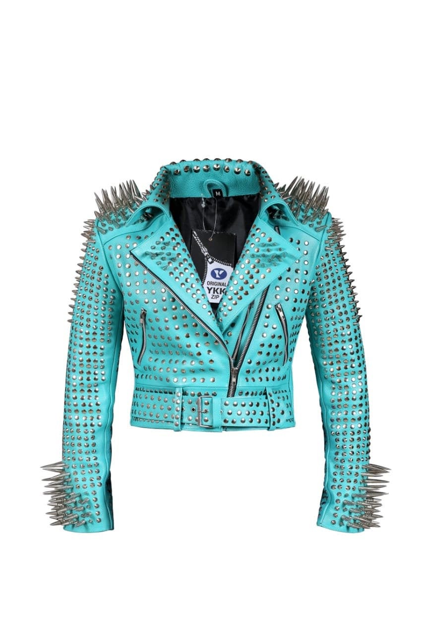 Personalisierte Hellblaue Jacke, Steampunk Heavy Metal Long Spiked Taillengürtel, Handgemachte Silber Niedliche Motorradjacke von studwork