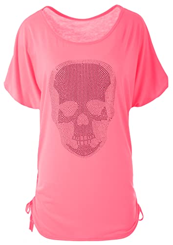 styl Damen Sommer Tops Lässiges T-Shirt mit Totenkopf-Strass-Motiv V-Ausschnitt Kurzarm Loser Pullover Plus Size Baggy Tunika-Bluse (44-46, rosa) von styl