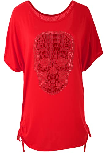 styl Damen Sommer Tops Lässiges T-Shirt mit Totenkopf-Strass-Motiv V-Ausschnitt Kurzarm Loser Pullover Plus Size Baggy Tunika-Bluse (46-48, rot) von styl