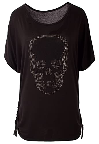 styl Damen Sommer Tops Lässiges T-Shirt mit Totenkopf-Strass-Motiv V-Ausschnitt Kurzarm Loser Pullover Plus Size Baggy Tunika-Bluse (48-50, schwarz) von styl