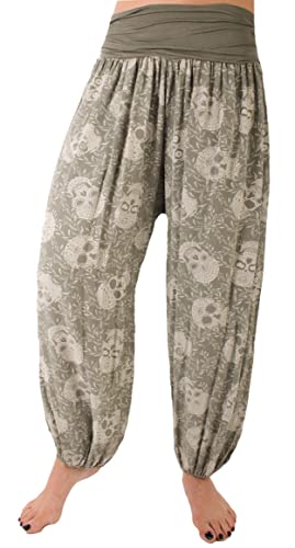 styl Damen Sommerhose Pumphose Haremshose Größe 36/38 bis 48/50 verfügbar mit Blumenmuster Skull Totenkopf Flower Leichte (40-42, Khaki) von styl