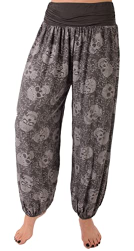 styl Damen Sommerhose Pumphose Haremshose Größe 36/38 bis 48/50 verfügbar mit Blumenmuster Skull Totenkopf Flower Leichte (46-48, dunkelgrau) von styl