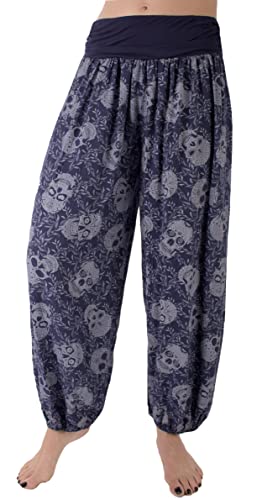 styl x Damen Sommerhose Pumphose Haremshose Größe 36/38 bis Größe 48/50 verfügbar mit Blumenmuster Skull Totenkopf Flower Leichte Haremshose (38-40, Skull dunkelblau) von styl