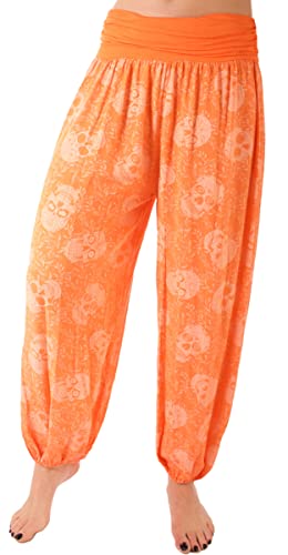 styl x Damen Sommerhose Pumphose Haremshose Größe 36/38 bis Größe 48/50 verfügbar mit Blumenmuster Skull Totenkopf Flower Leichte Haremshose (42-44, Skull orange) von styl