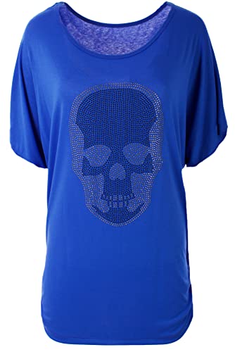 styl Damen Sommer Tops Lässiges T-Shirt mit Totenkopf-Strass-Motiv V-Ausschnitt Kurzarm Loser Pullover Plus Size Baggy Tunika-Bluse (48-50, Royalblau) von styl