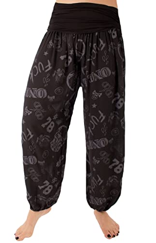 stylx Damen Sommerhose Pumphose Haremshose Größe 36/38 bis Größe 48/50 verfügbar mit Blumenmuster Skull Totenkopf Flower Leichte Haremshose (36-38, Graffiti schwarz) von styl