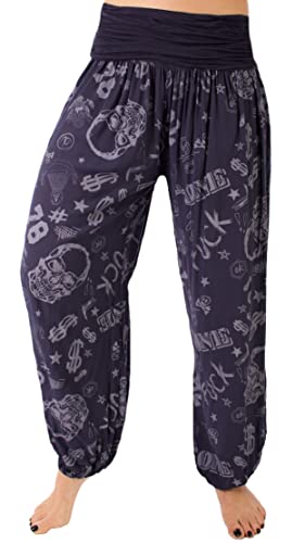 stylx Damen Sommerhose Pumphose Haremshose Größe 36/38 bis Größe 48/50 verfügbar mit Blumenmuster Skull Totenkopf Flower Leichte Haremshose (42-44, Graffiti dunkelblau) von styl