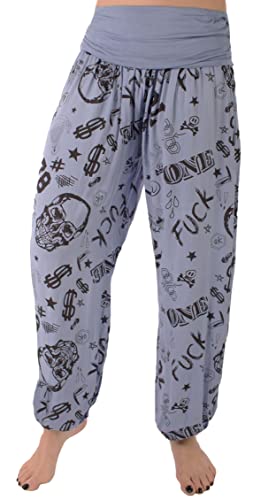 stylx Damen Sommerhose Pumphose Haremshose Größe 36/38 bis Größe 48/50 verfügbar mit Blumenmuster Skull Totenkopf Flower Leichte Haremshose (48-50, Graffiti Jeansblau) von styl