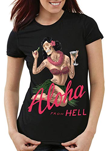 style3 Aloha from Hell Damen T-Shirt Tattoo Hawaii Surfer usa, Farbe:Schwarz, Größe:XS von style3