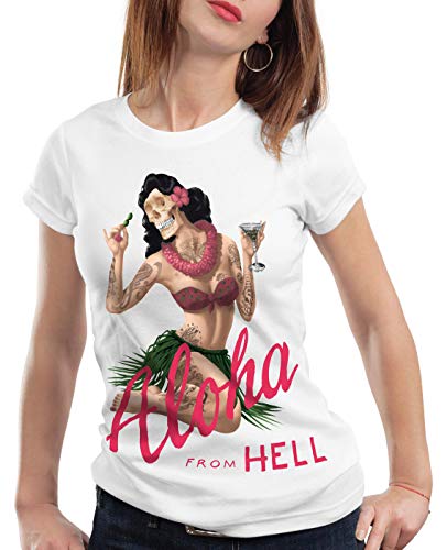style3 Aloha from Hell Damen T-Shirt Tattoo Hawaii Surfer usa, Farbe:Weiß, Größe:XL von style3