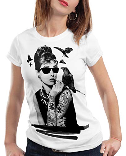 style3 Audrey Tattoo Damen T-Shirt Hollywood Film Hepburn Star, Farbe:Weiß, Größe:XS von style3