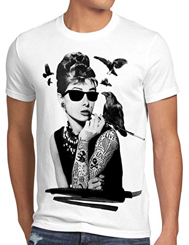 style3 Audrey Tattoo Herren T-Shirt Hollywood Film Hepburn Star, Größe:S, Farbe:Weiß von style3