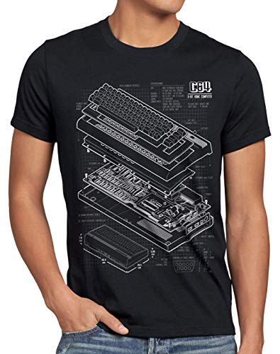 style3 C64 Heimcomputer Blaupause Herren T-Shirt Classic Gamer, Größe:4XL, Farbe:Schwarz von style3