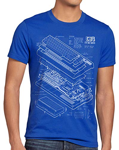 style3 C64 Heimcomputer Blaupause Herren T-Shirt Classic Gamer, Größe:L, Farbe:Blau von style3