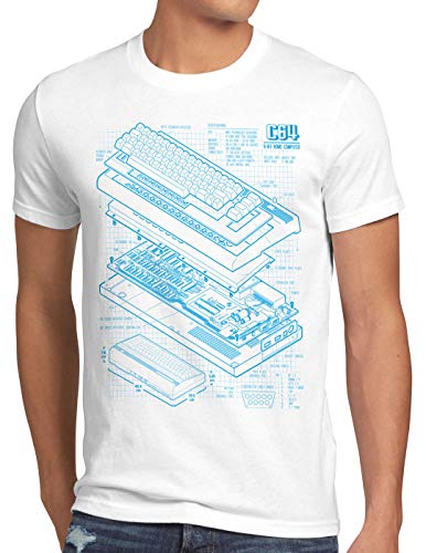 style3 C64 Heimcomputer Blaupause Herren T-Shirt Classic Gamer, Größe:M, Farbe:Weiß von style3