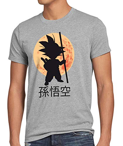 style3 Goku Dragon Moonlight Herren Anime T-Shirt Ball Mond Gohan Jung Dojo Son Drache Young, Größe:S, Farbe:Grau meliert von style3